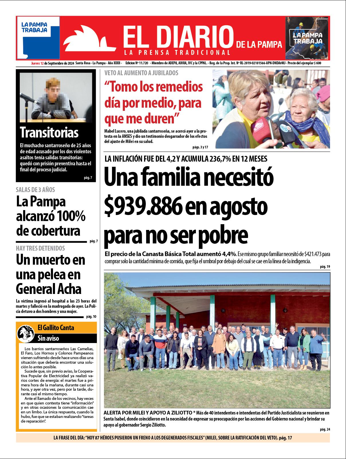 Tapa de El Diario en papel  jueves 12 de septiembre de 2024